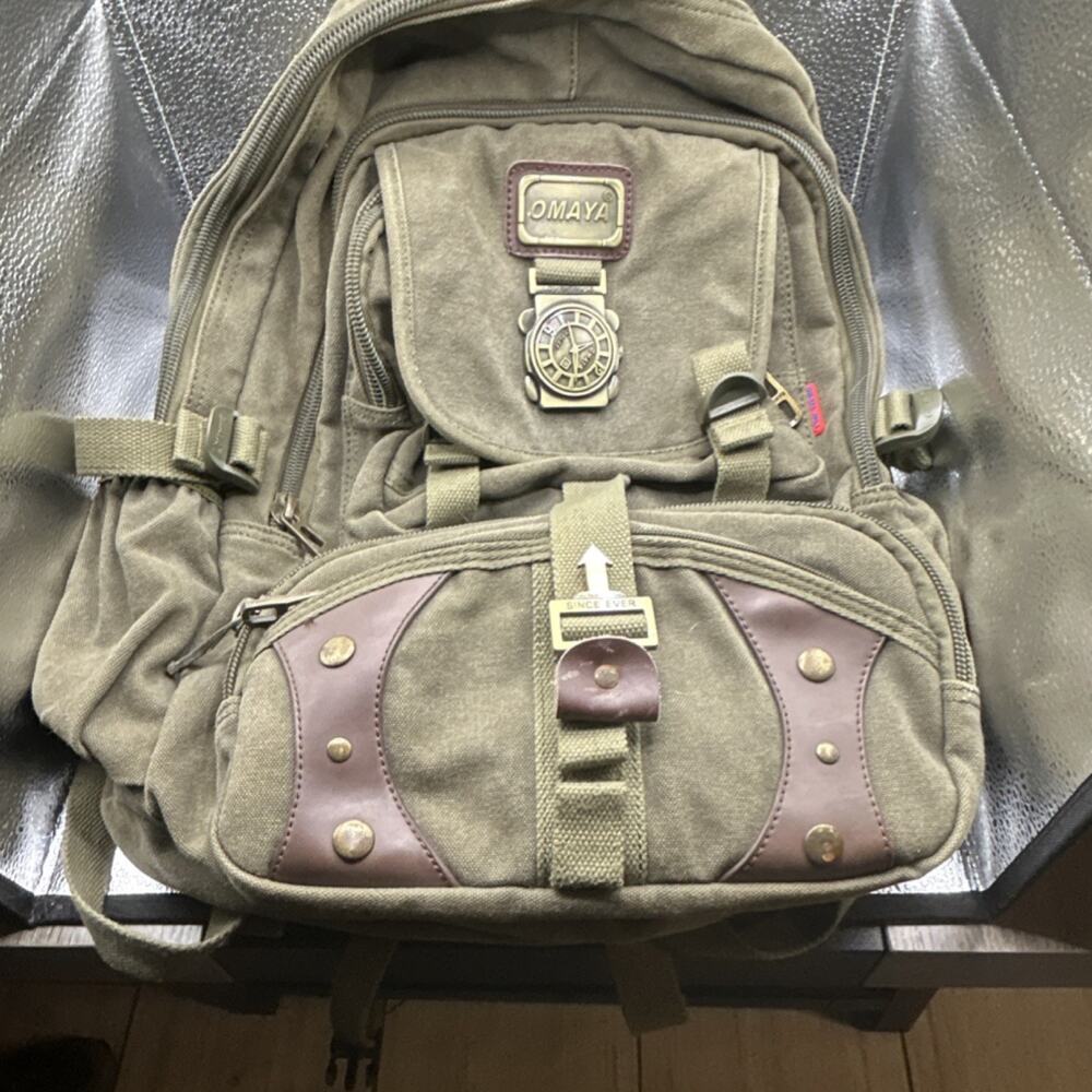 OMAYA Tactical Backpack Canvas Leather Olive Green Metal Studs Adjustable Straps